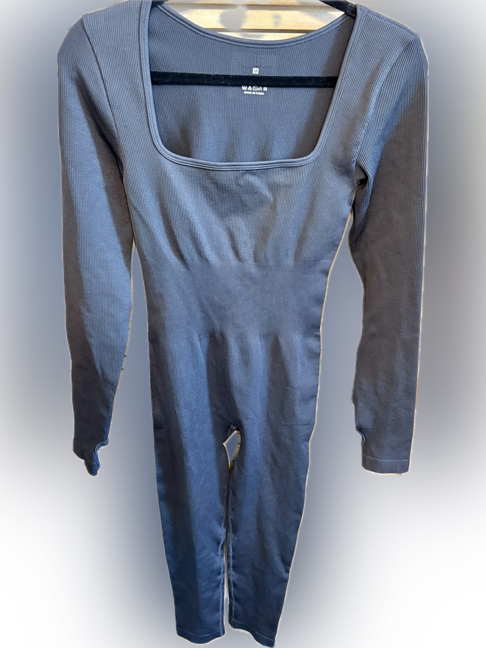 Ribbed Long-Sleeve Black Jumpsuit with Square Neckline